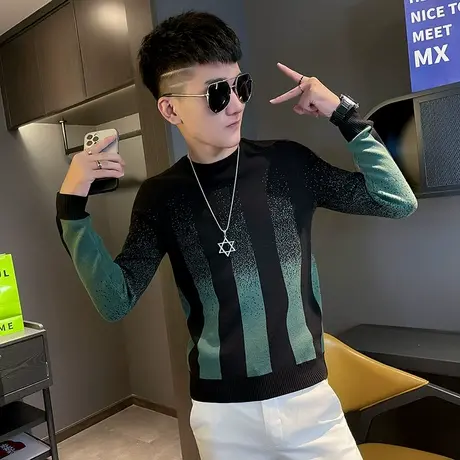 秋冬男士毛衣针织衫修身套头潮流打底体恤渐变线条潮牌百搭线衣商品大图