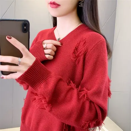 本命年红色流苏v领毛衣女冬季2023新款爆款秋冬加厚内搭打底衫女图片