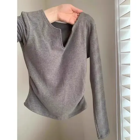 V领打底衫女秋冬德绒保暖短款小个子长袖T恤韩版内搭修身上衣小众商品大图