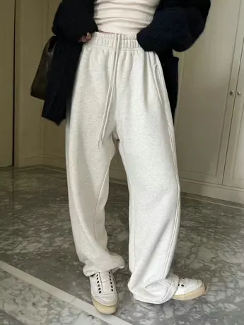 欧货高腰抽绳卫裤女阔腿束脚冬新款加绒加厚宽松休闲直筒运动长裤商品大图