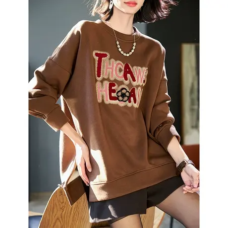 宝诗黎圆领字母印花加绒卫衣2024春季宽松百搭新款开叉休闲上衣商品大图