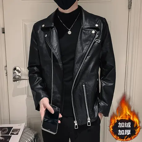 秋冬男皮衣修身加绒潮流帅气加厚时尚休闲潮牌机车快手皮夹克外套商品大图