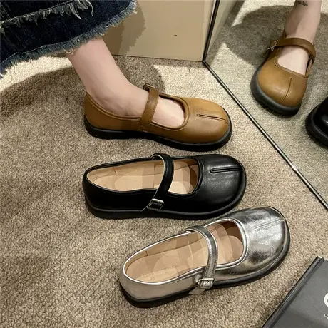 厚底银色玛丽珍鞋女2024新款春季复古浅口小皮鞋森系圆头平底单鞋商品大图
