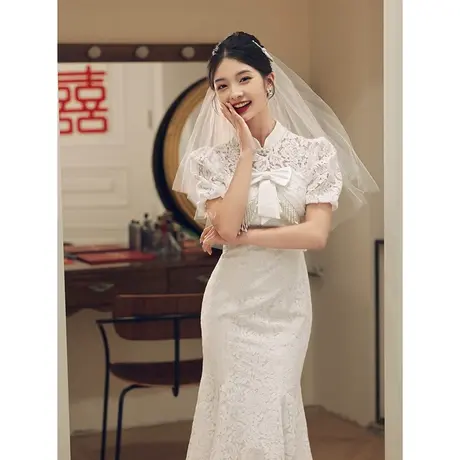 登记领证小白裙订婚小礼服连衣裙夏季中式白色旗袍修身鱼尾中长款商品大图