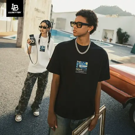 Lilbetter梵高星月夜短袖男宽松圆领百搭时尚潮流T恤圆领五分袖LB商品大图