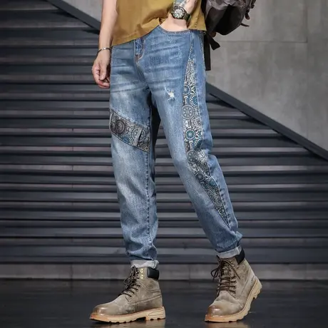 高档潮牌牛仔裤秋冬厚款美式高街牛仔裤潮流拼接大码牛仔裤休闲男商品大图