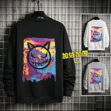 国潮小恶魔卫衣男春秋季ins潮流宽松加绒卡通笑脸打底衫长袖上衣商品大图