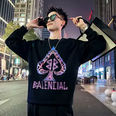 美式小众重磅印花卫衣春季潮牌时尚爆款圆领夜店宽松上衣长袖T恤商品大图