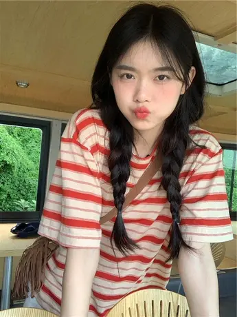 正肩短袖t恤女纯棉夏季宽松日系复古条纹别致小众设计感半袖上衣商品大图