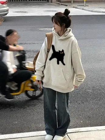 美式复古卫衣外套女2024新款春秋薄款连帽宽松慵懒风oversize上衣图片