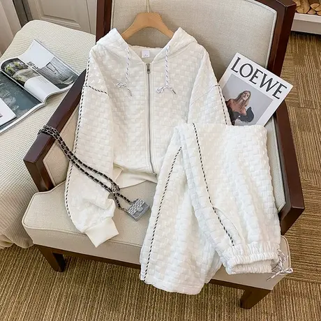 华夫格休闲连帽套装女春秋冬季时尚宽松大码运动服长袖长裤两件套图片