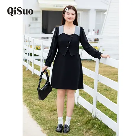 2024年春装新款法式气质长袖收腰假两件连衣裙大码显瘦胖MM小黑裙图片