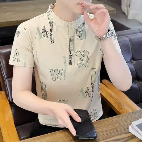 夏季纯棉短袖t恤男士立领薄款修身上衣打底衫潮流印花体恤汗衫ins商品大图