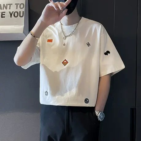 夏季短袖T恤男潮牌趣味刺绣时尚圆领上衣2024新款个性休闲半袖T恤商品大图