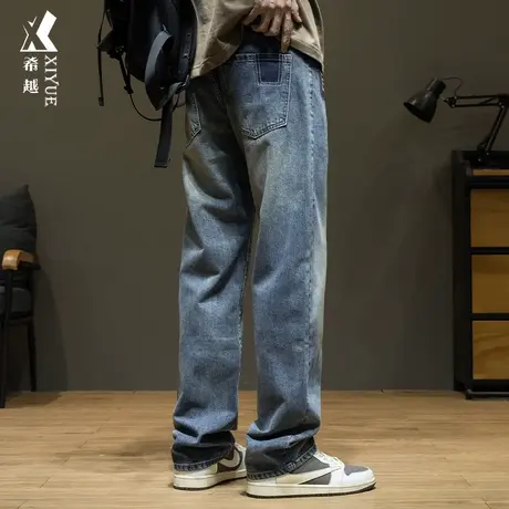 希越2024春季猫须磨白复古蓝牛仔裤男宽松大码美式休闲直筒长裤子商品大图