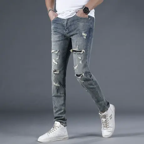 春季复古破洞补丁牛仔裤男士修身小脚弹力潮流显高显瘦休闲长裤子商品大图