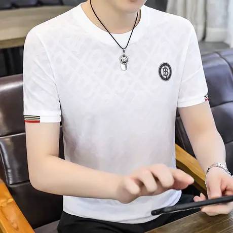 夏季男士冰丝短袖T恤速干半袖男装上衣服提花潮男男装欧美风体恤商品大图