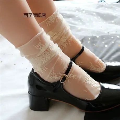 3双日系网纱堆堆袜蕾丝仙女袜子夏季薄款透明洛丽塔镂空白色丝袜商品大图