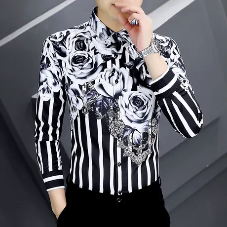 秋季个性印花痞帅气衬衫男长袖设计感潮流网红发型师韩版时尚衬衣商品大图