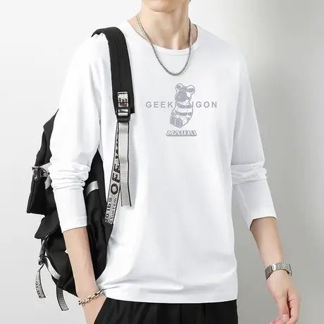 莫代尔白色t恤男长袖潮流内搭打底衫秋季小熊印花上衣服圆领体恤商品大图