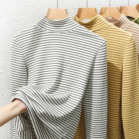 条纹德绒打底衫女秋冬加绒加厚大码保暖内衣双面磨毛休闲长袖t恤图片