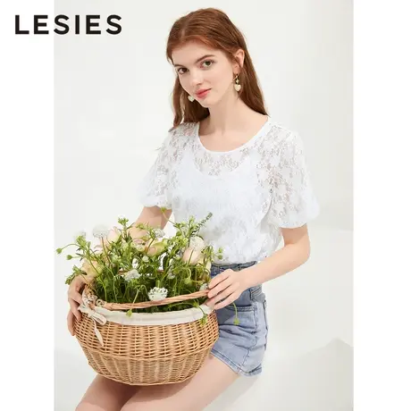 LESIES蓝色倾情夏装新款小衫时尚质感蕾丝圆领套头上衣吊带两件套商品大图