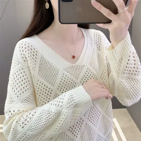 初秋新款女慵懒风网红洋气V领镂空针织衫女套头长袖外穿宽松上衣商品大图