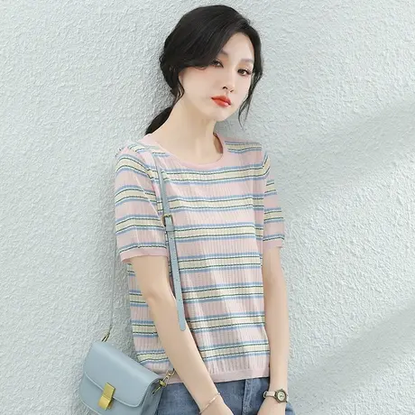 韩潮袭人圆领条纹薄款镂空针织衫女2023夏新款宽松短袖T恤上衣薄商品大图