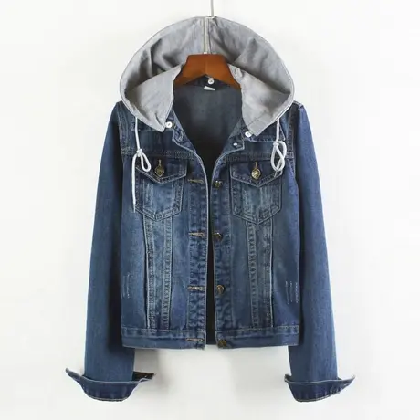 牛仔外套女连帽带帽春秋短款修身韩版新款学生长袖大码牛仔服上衣商品大图