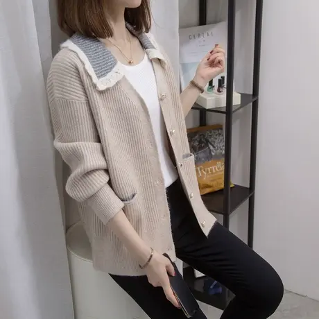 娃娃领针织开衫女2023秋装新款宽松外穿上衣外穿花边领毛衣外套潮图片