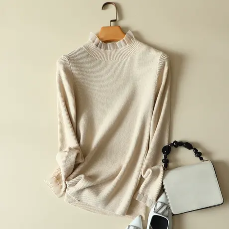 秋冬新款蕾丝拼接半高领针织衫女士洋气纯色内搭打底衫显瘦毛衣女商品大图