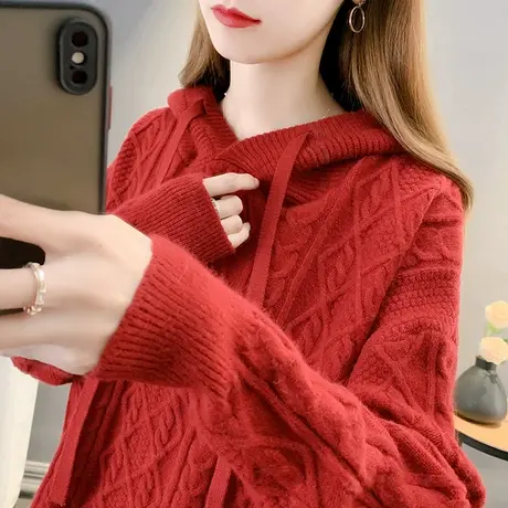 连帽毛衣女纯色宽松套头2023年新款麻花针织衫女卫衣式百搭上衣女图片