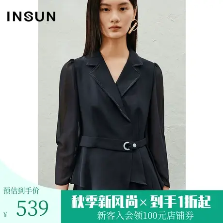 恩裳2023夏款新款摩登翻领撞色珠针线不对称下摆垂感衬衫图片