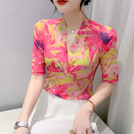 性感V领五分袖T恤女士夏装2023新款复古气质印花上衣交叉网纱小衫商品大图