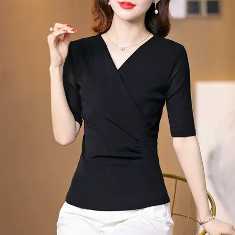v领短袖t恤女2023夏装纯色薄纱衣百搭上衣五分袖网纱打底衫舞蹈服商品大图
