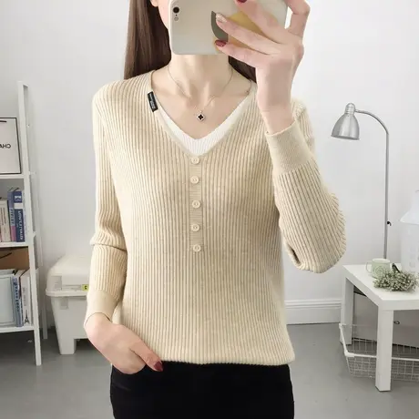 v领假两件针织衫女春秋2023新款洋气百搭宽松内搭打底衫长袖上衣图片