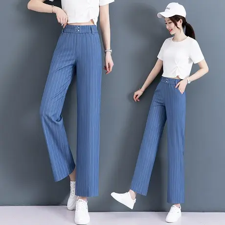 天丝牛仔裤女夏薄款直筒裤高腰显瘦2023年夏天条纹松紧腰阔腿女裤图片