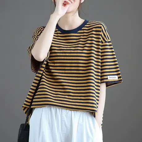 dza纯棉条纹短袖t恤女2022年新款大码女装夏打底衫内搭上衣宽松商品大图