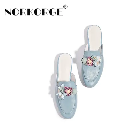 原创手工复古蓝色拖鞋女真皮包头懒人粗跟平底鞋凉拖室外花朵凉鞋商品大图