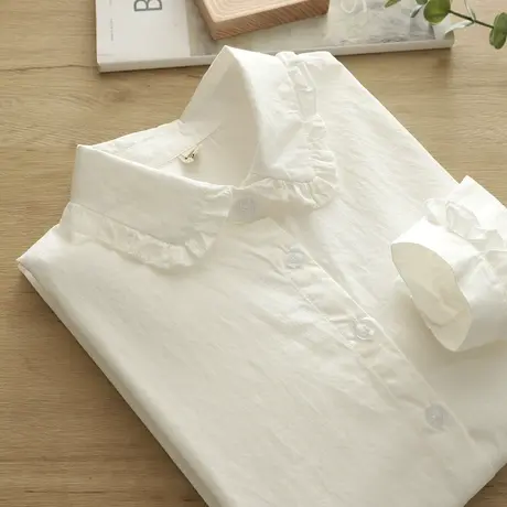 春秋季日系森女荷叶花边娃娃领纯棉长袖白衬衫女学生百搭打底上衣图片