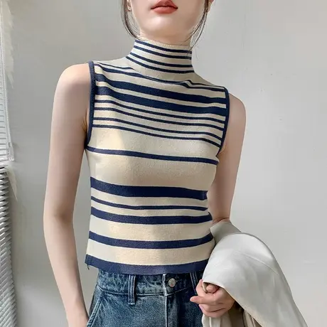 条纹高领针织无袖背心女2023秋冬新品修身显瘦短款内搭正肩打底衫商品大图