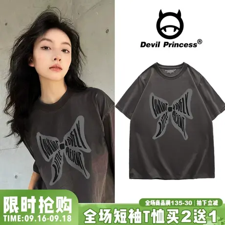 欧美ins潮牌高街oversize深灰色短袖女t恤2023年夏季新款正肩半袖图片