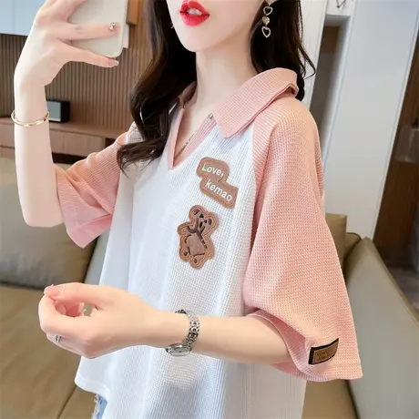 小众设计感小个子短袖t恤女夏季韩版宽松大码撞色翻领polo衫上衣图片