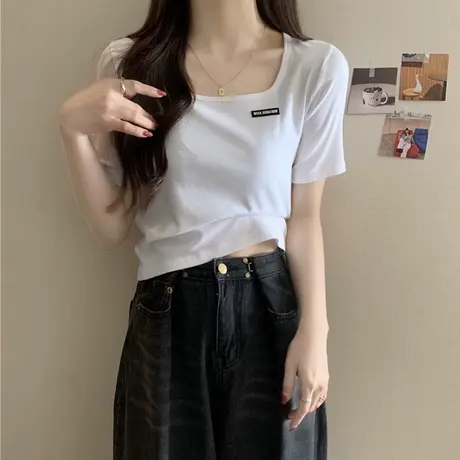 ins超火方领正肩短袖T恤女夏季闺蜜装内搭打底小衫短款半袖上衣服商品大图