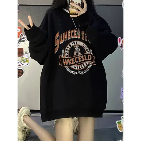 港味复古chic卫衣女秋冬加绒加厚ins潮牌国潮设计感大码宽松外套商品大图