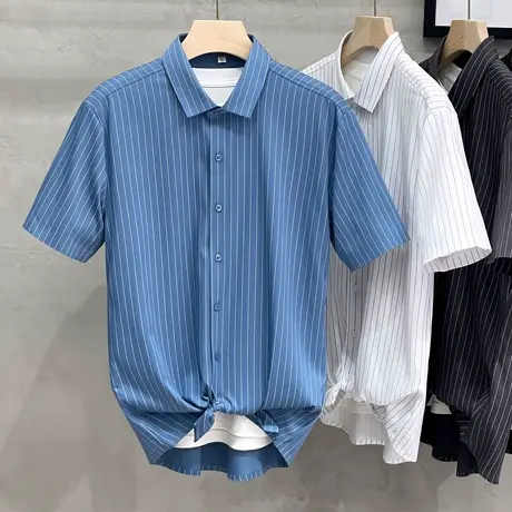 夏季高级感黑色条纹衬衫男士短袖商务休闲衬衣男无缝修身免烫上衣商品大图