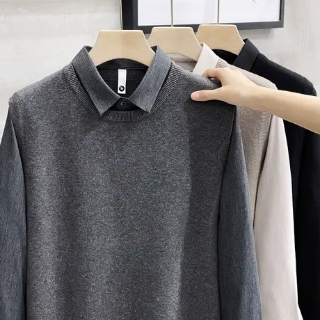 假两件毛衣男春秋冬新款商务高级感男装上衣套装男士衬衫领针织衫商品大图