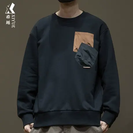 希越秋季360克重磅双口袋卫衣男宽松大码ins潮流拼接撞色工装上衣商品大图