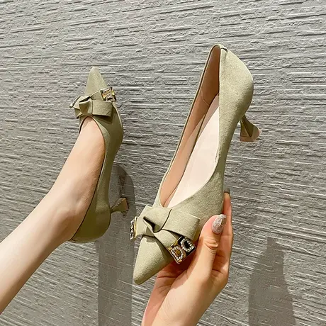 2023年春季新款蝴蝶结水钻浅口单鞋女细跟时尚尖头百搭细跟高跟鞋图片