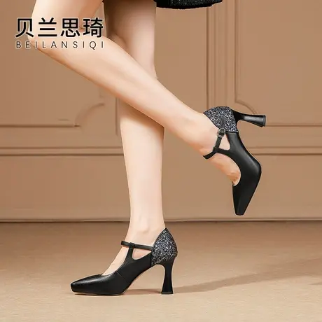 真皮拼接一字带浅口舒适粗跟单鞋女2023春秋新款百搭防水台高跟鞋图片